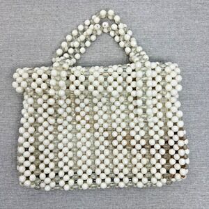 Vintage Hong Kong Clear/White Beaded Purse Double Handled‎ Handbag Handmade